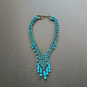 Turquoise Blue Multi Strand and Bronze Chain Necklace
